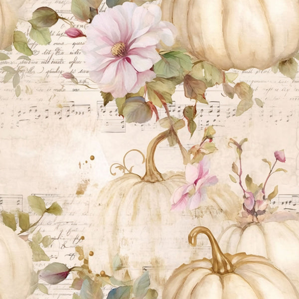 white pumpkins, cream pumpkins, pink flowers, magnolia blooms, green leaves, autumn foliage, sheet music, handwritten text, vintage paper, watercolor style, fall harvest, botanical elements, soft pastels,, fabric panel, seasonal design, romantic florals, antique aesthetic, warm neutrals, delicate artwork