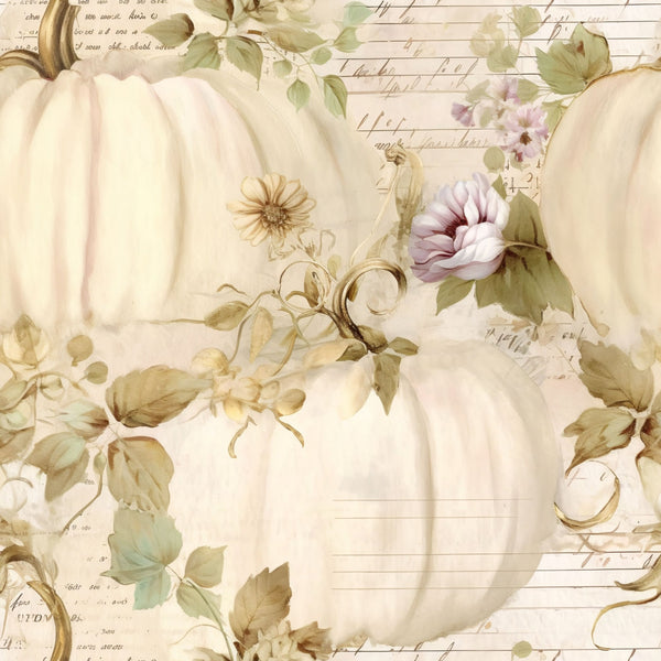 white pumpkins, cream background, sage green leaves, mauve flowers, blush pink blooms, vintage script, handwritten text, autumn harvest, fall seasonal, botanical elements, watercolor style, soft pastels,, fabric panel, romantic florals, pumpkin patch, muted tones, dreamy aesthetic, cottage core