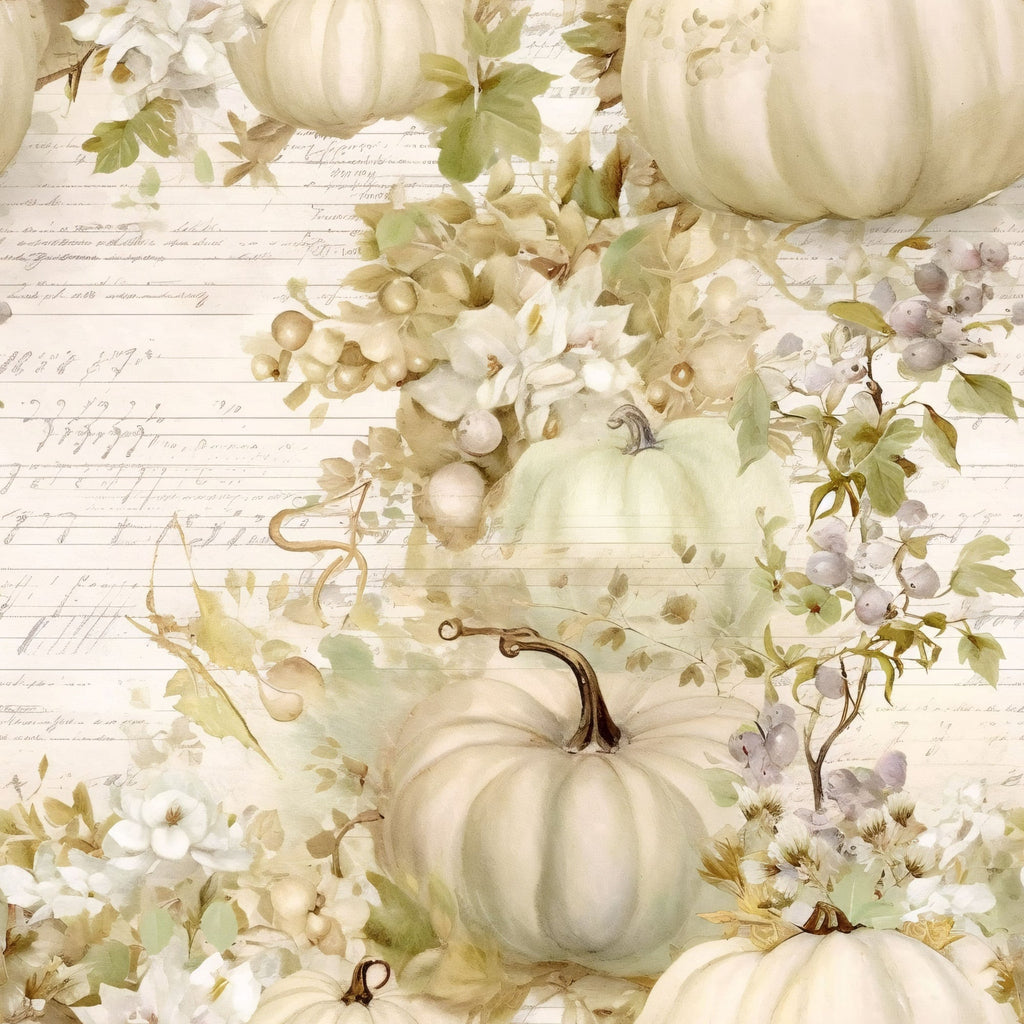 white pumpkins, cream colored, beige tones, sage green, muted pastels, autumn harvest, fall seasonal, botanical elements, watercolor style, vintage aesthetic,, fabric panel, gourd varieties, seasonal foliage, soft florals, rustic charm, harvest theme, delicate artwork, cotton fabric, autumn decor