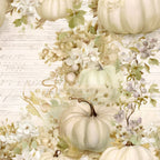 white pumpkins, cream colored, beige tones, sage green, muted pastels, autumn harvest, fall seasonal, botanical elements, watercolor style, vintage aesthetic,, fabric panel, gourd varieties, seasonal foliage, soft florals, rustic charm, harvest theme, delicate artwork, cotton fabric, autumn decor