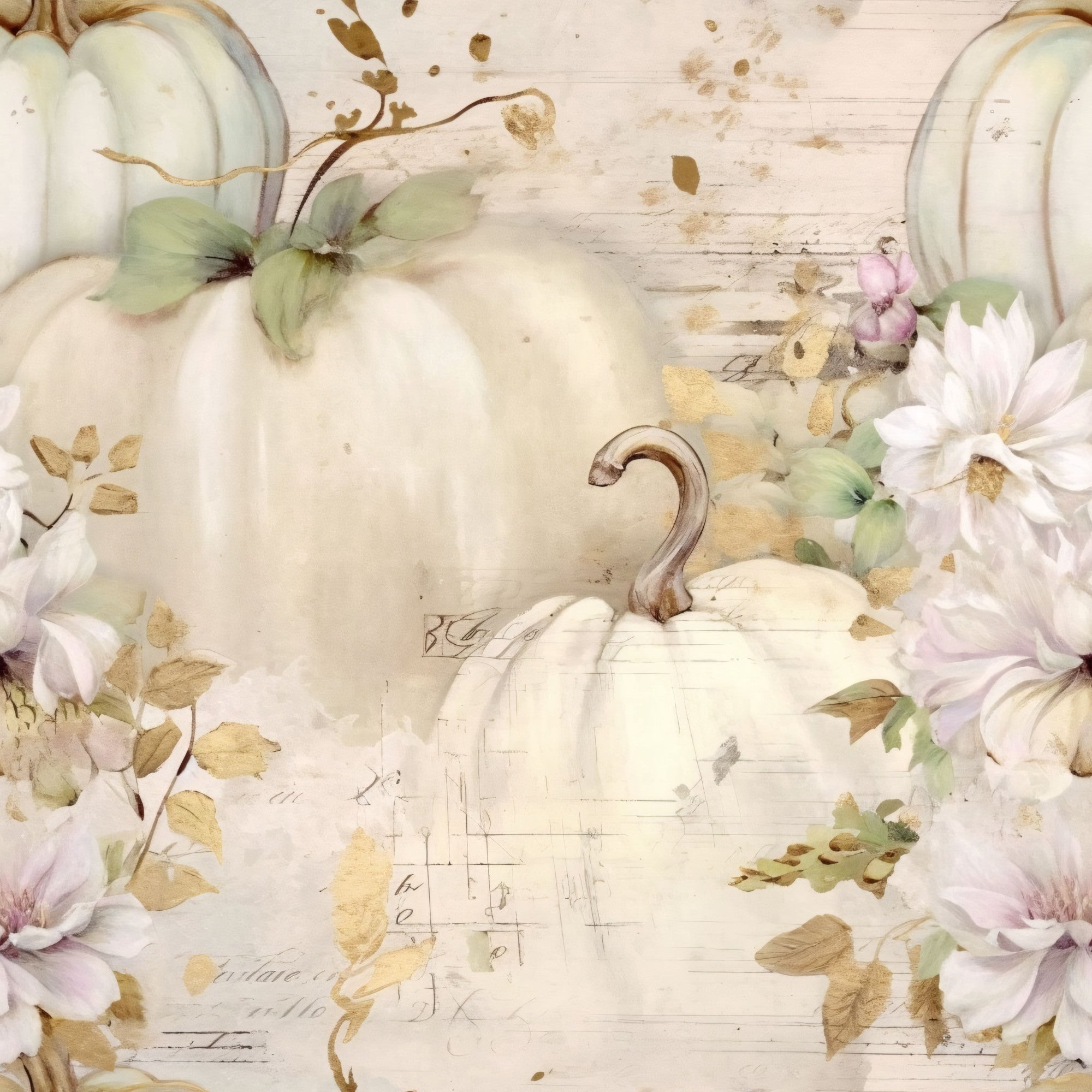 white pumpkins, cream, beige, sage green, soft pink, watercolor style, autumn leaves, fall flowers, vintage aesthetic, distressed texture,, fabric panel, seasonal design, harvest theme, botanical elements, rustic charm, muted tones, gourd stems, floral accents, weathered background