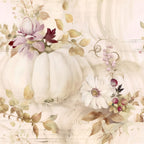 white pumpkins, fall florals, autumn leaves, cream background, muted pastels, lavender flowers, burgundy accents, golden leaves, watercolor style, botanical design, harvest theme,, fabric panel, soft tones, vintage style, autumn arrangement, decorative gourds, floral sprigs, seasonal motifs