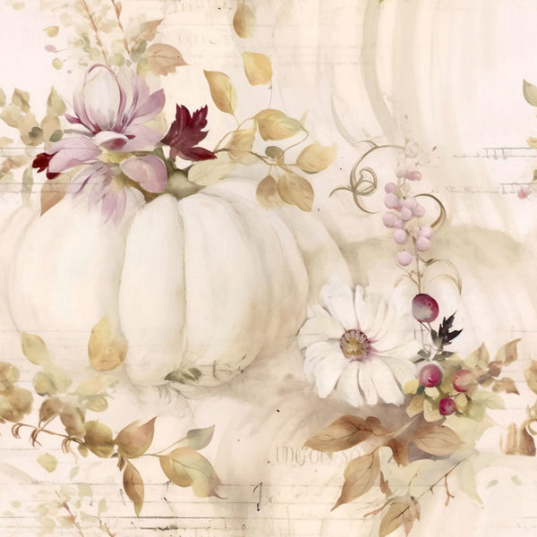 white pumpkins, fall florals, autumn leaves, cream background, muted pastels, lavender flowers, burgundy accents, golden leaves, watercolor style, botanical design, harvest theme,, fabric panel, soft tones, vintage style, autumn arrangement, decorative gourds, floral sprigs, seasonal motifs