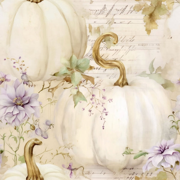 white pumpkins, cream colored, soft lavender, pale purple, watercolor style, autumn themed, fall seasonal,, fabric panel, vintage aesthetic, floral accents, purple flowers, delicate blooms, harvest motif, muted tones, botanical elements, artistic rendering, soft pastels, pumpkin stems, organic shapes