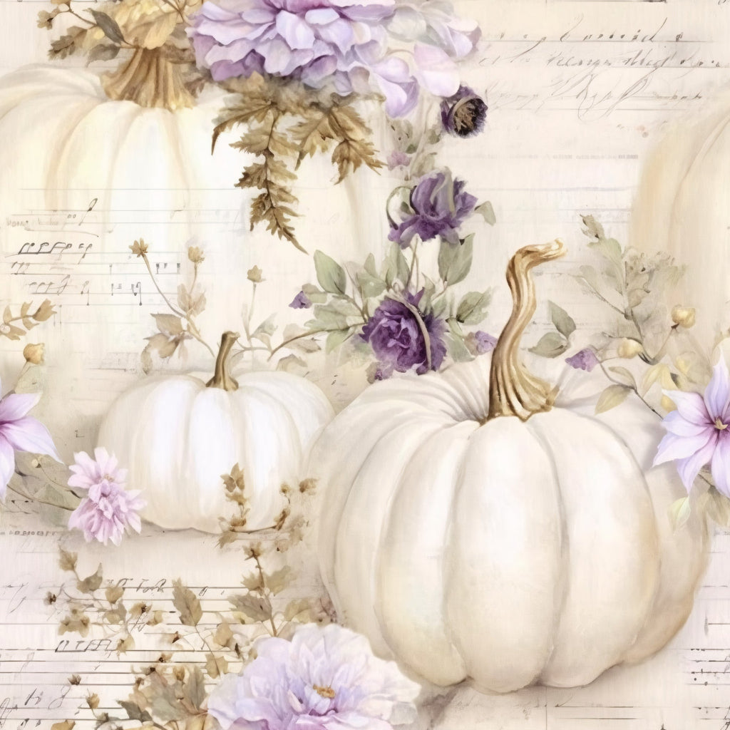 white pumpkins, cream, lavender, purple flowers, gold stems, autumn leaves, vintage script, watercolor style, fall harvest, botanical elements,, fabric panel, soft pastels, romantic florals, seasonal decor, pumpkin patch, muted tones, delicate blooms, rustic charm, cottage style