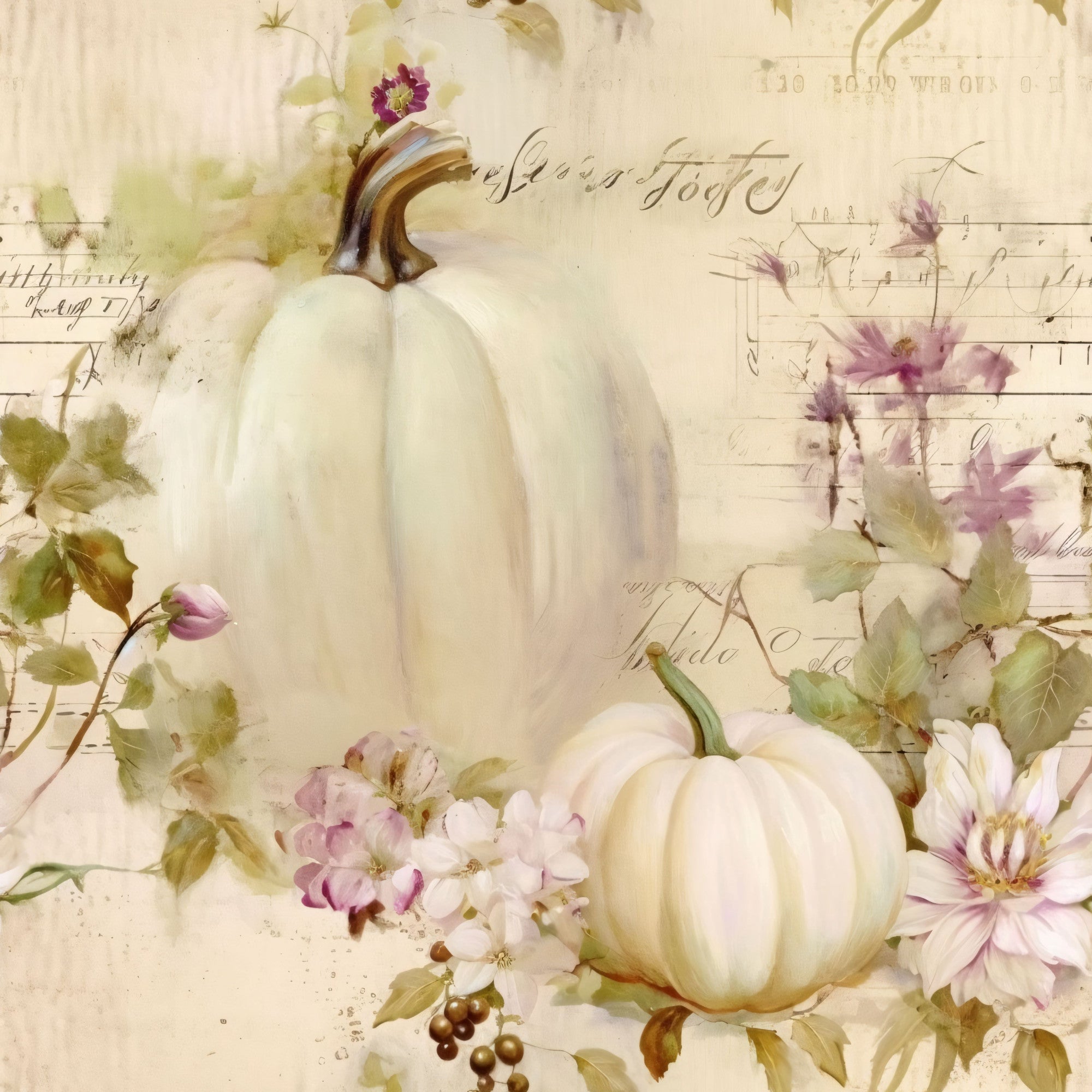 white pumpkins, cream background, purple flowers, pink blooms, green leaves, vintage script, autumn theme, fall harvest, botanical elements,, fabric panel, watercolor style, soft pastels, seasonal design, pumpkin motifs, floral accents, muted tones, romantic aesthetic, cottage core, harvest decoration