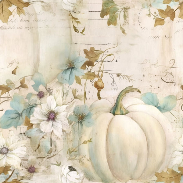 white pumpkins, fall flowers, autumn florals, pale blue, cream background, watercolor style, botanical design, vintage script, handwritten text,, fabric panel, soft pastels, clematis flowers, gourd illustration, neutral tones, seasonal motifs, delicate artwork, muted colors, cotton fabric, autumn theme