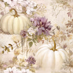 white pumpkins, cream colored, pale purple, lavender flowers, sage green, autumn leaves, fall pattern, watercolor style, vintage aesthetic, botanical design,, fabric panel, seasonal motif, soft pastels, floral elements, pumpkin patch, harvest theme, delicate artwork, muted tones, romantic style