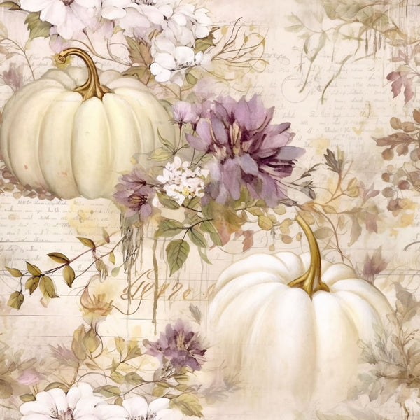 white pumpkins, cream colored, pale purple, lavender flowers, sage green, autumn leaves, fall pattern, watercolor style, vintage aesthetic, botanical design,, fabric panel, seasonal motif, soft pastels, floral elements, pumpkin patch, harvest theme, delicate artwork, muted tones, romantic style