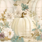 white pumpkin, cream, sage green, muted teal, soft purple, watercolor florals, autumn flowers, fall harvest, botanical illustration, vintage style, delicate petals, cursive script,, fabric panel, seasonal motif, pastel palette, romantic aesthetic, harvest theme, floral arrangement, cottage core