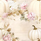 white pumpkins, cream colored, soft pink, blush pink, muted green, sage green, beige, watercolor style, floral elements, botanical design, autumn leaves, fall theme, vintage script, handwritten text,, fabric panel, soft pastels, delicate flowers, pumpkin motifs, shabby chic, romantic style, harvest theme