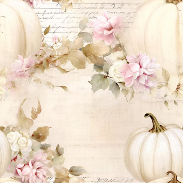 white pumpkins, cream colored, soft pink, blush pink, muted green, sage green, beige, watercolor style, floral elements, botanical design, autumn leaves, fall theme, vintage script, handwritten text,, fabric panel, soft pastels, delicate flowers, pumpkin motifs, shabby chic, romantic style, harvest theme