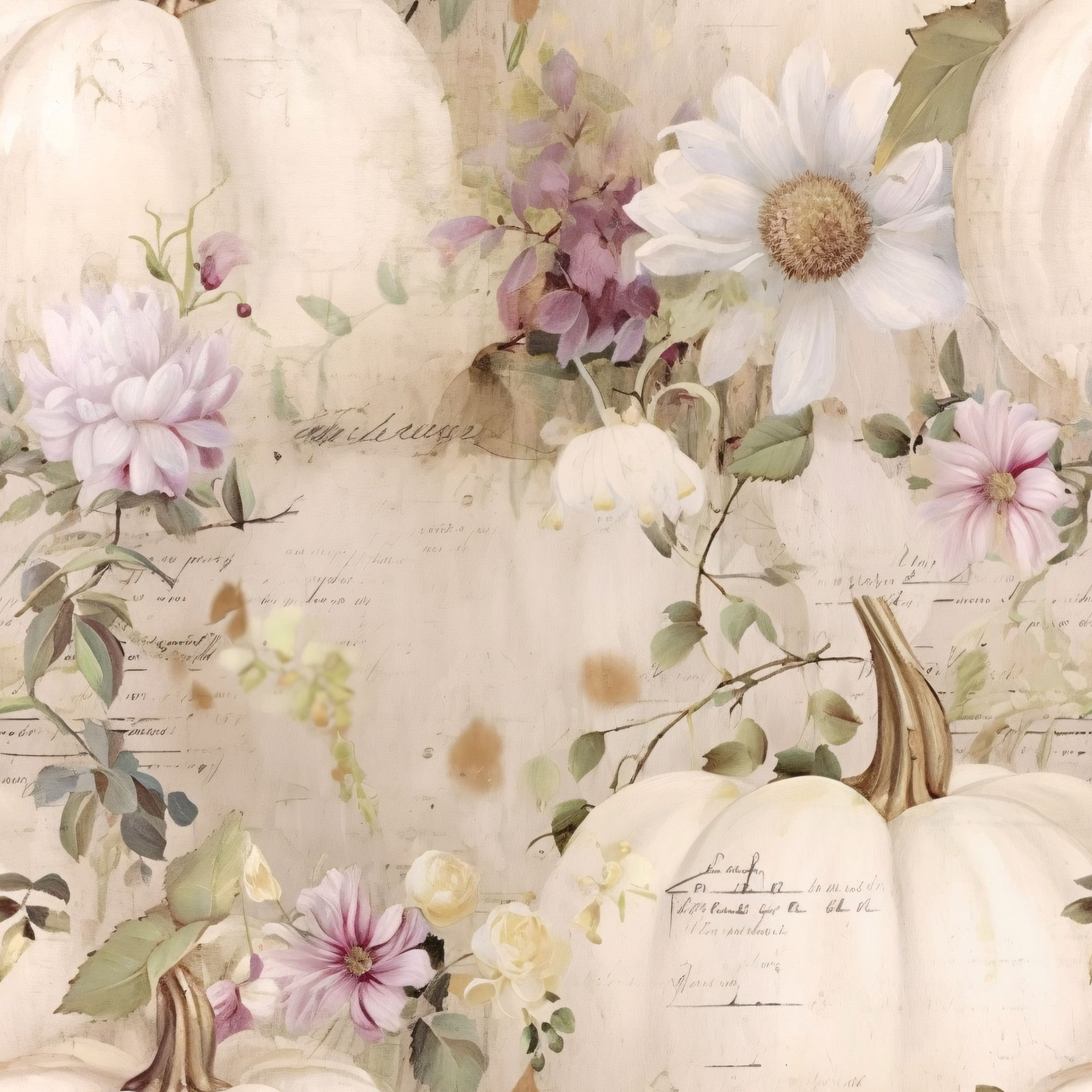 white pumpkins, cream background, soft pink flowers, purple blooms, daisy flowers, autumn gourds, fall harvest, watercolor style, vintage script, botanical elements,, fabric panel, pastel palette, seasonal motif, delicate florals, muted tones, romantic mood, shabby chic, cottage style