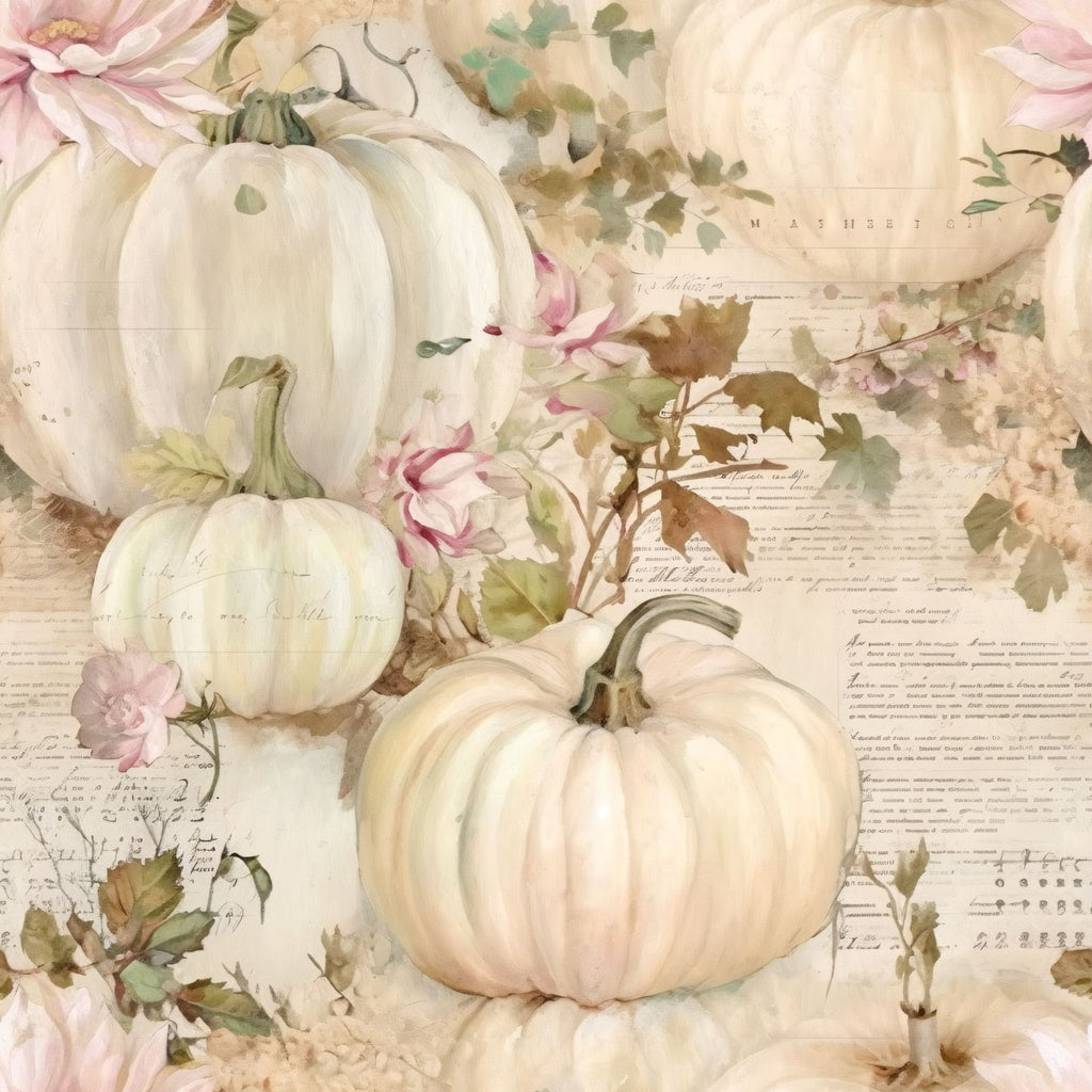 white pumpkins, cream colored, pale pink flowers, soft beige, sage green leaves, autumn harvest, fall themed, watercolor style, vintage script, botanical elements,, fabric panel, seasonal design, harvest motifs, muted tones, romantic style, delicate florals, pumpkin patch, autumn florals, shabby chic