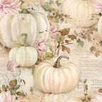 white pumpkins, cream colored, pale pink flowers, soft beige, sage green leaves, autumn harvest, fall themed, watercolor style, vintage script, botanical elements,, fabric panel, seasonal design, harvest motifs, muted tones, romantic style, delicate florals, pumpkin patch, autumn florals, shabby chic
