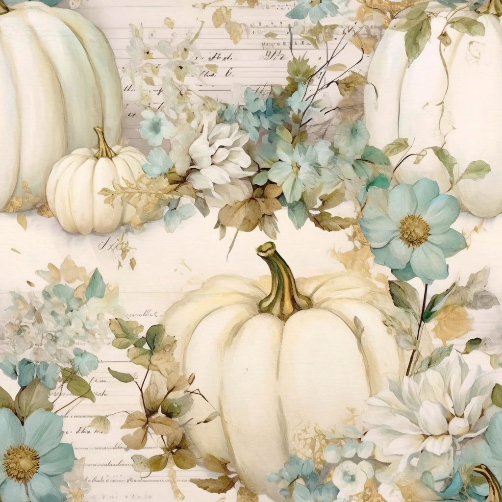 white pumpkins, cream colored, sage green, dusty blue, watercolor florals, autumn leaves, fall harvest, botanical design, vintage flowers, soft pastels,, fabric panel, seasonal motif, pumpkin patch, floral arrangement, muted tones, cottage style, farmhouse aesthetic, watercolor painting, delicate blooms