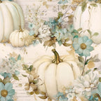 white pumpkins, cream colored, sage green, dusty blue, watercolor florals, autumn leaves, fall harvest, botanical design, vintage flowers, soft pastels,, fabric panel, seasonal motif, pumpkin patch, floral arrangement, muted tones, cottage style, farmhouse aesthetic, watercolor painting, delicate blooms