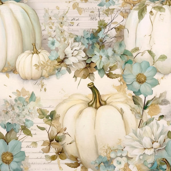 white pumpkins, cream colored, sage green, dusty blue, watercolor florals, autumn leaves, fall harvest, botanical design, vintage flowers, soft pastels,, fabric panel, seasonal motif, pumpkin patch, floral arrangement, muted tones, cottage style, farmhouse aesthetic, watercolor painting, delicate blooms