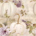 white pumpkins, cream background, lavender flowers, purple blooms, sage green leaves, autumn harvest, fall seasonal, watercolor style, botanical elements, vintage script, handwritten text,, fabric panel, soft pastels, muted tones, floral accents, pumpkin patch, romantic aesthetic, delicate artwork, seasonal motifs