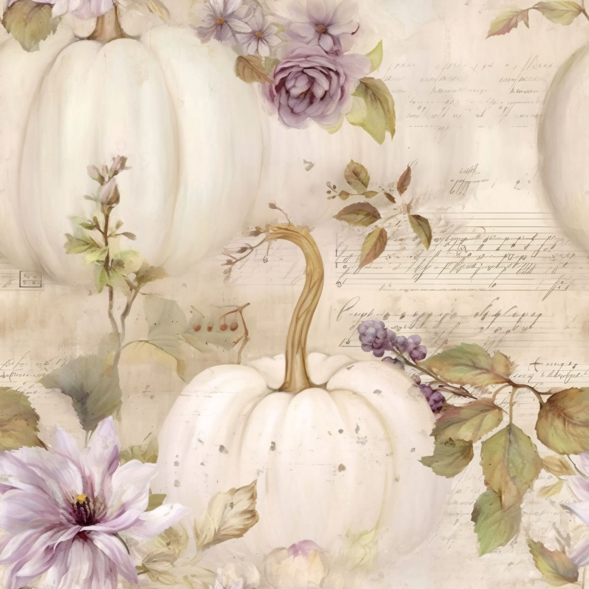 white pumpkins, cream background, lavender flowers, purple blooms, sage green leaves, autumn harvest, fall seasonal, watercolor style, botanical elements, vintage script, handwritten text,, fabric panel, soft pastels, muted tones, floral accents, pumpkin patch, romantic aesthetic, delicate artwork, seasonal motifs