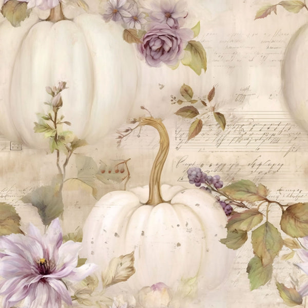 white pumpkins, cream background, lavender flowers, purple blooms, sage green leaves, autumn harvest, fall seasonal, watercolor style, botanical elements, vintage script, handwritten text,, fabric panel, soft pastels, muted tones, floral accents, pumpkin patch, romantic aesthetic, delicate artwork, seasonal motifs