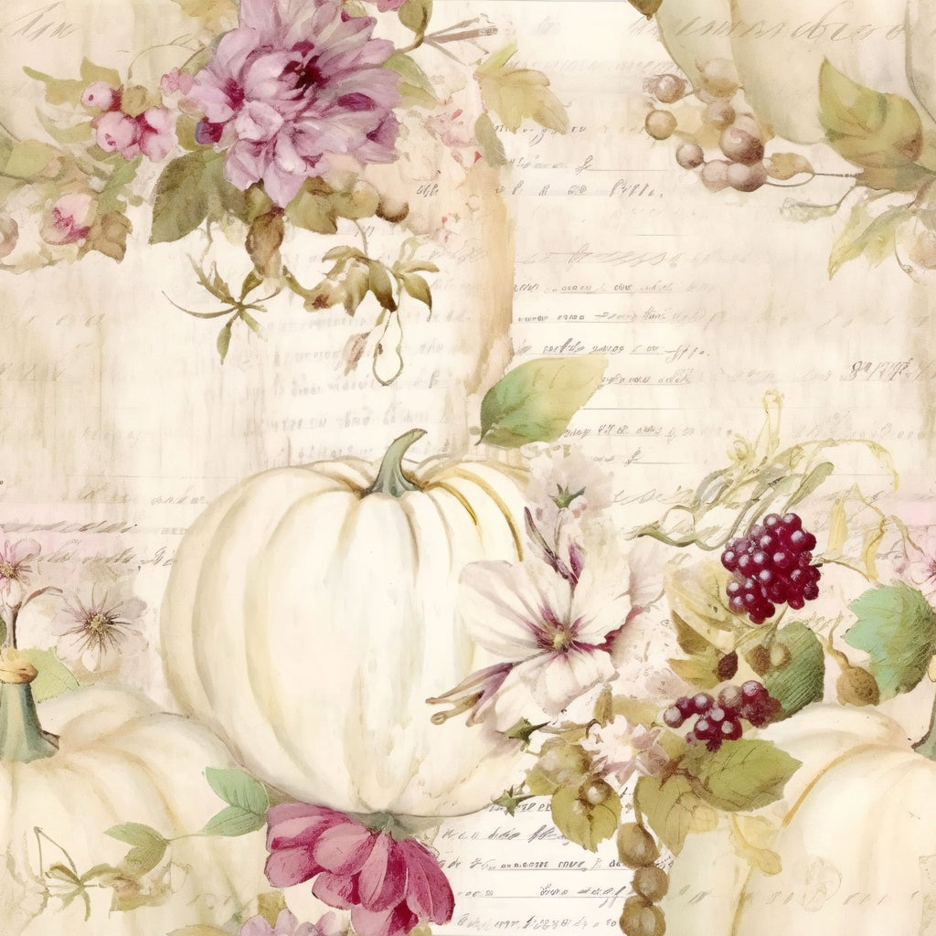 white pumpkins, fall harvest, autumn florals, watercolor style, vintage botanical, cream background, pink flowers, burgundy berries, green leaves, soft pastels,, fabric panel, seasonal design, pumpkin motifs, floral arrangements, muted tones, romantic style, harvest theme, delicate artwork, cotton fabric