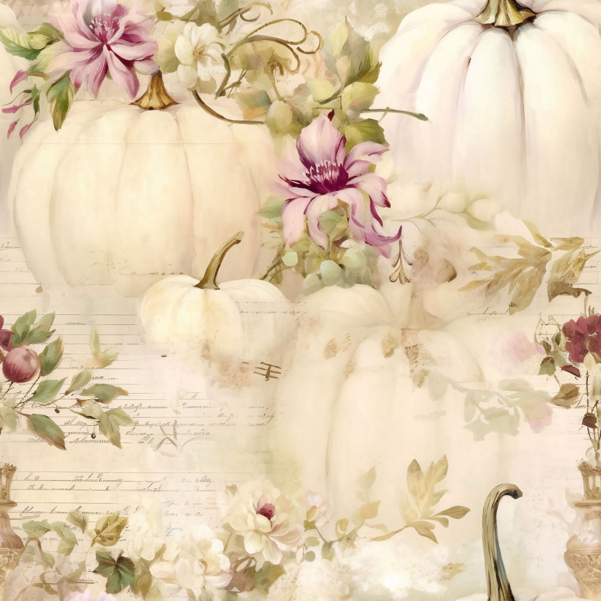 white pumpkins, cream colored, soft pink, mauve flowers, sage green, watercolor style, autumn harvest, fall themed, botanical elements, vintage aesthetic,, fabric panel, seasonal design, delicate florals, pastel palette, romantic style, shabby chic, harvest motifs, floral arrangement, cottagecore