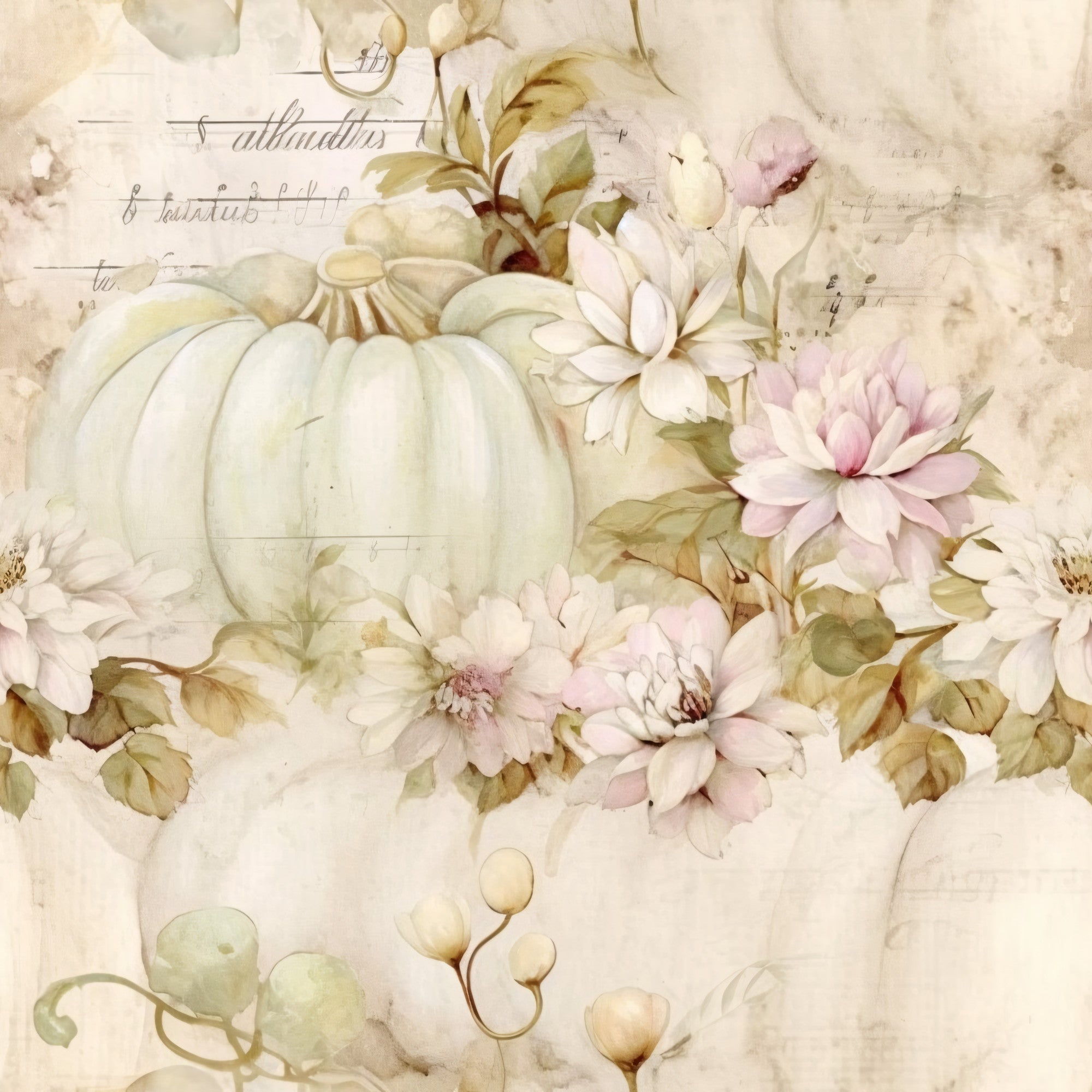 white pumpkins, cream colored, soft pink, pale green, autumn floral, watercolor style, delicate flowers, fall harvest, vintage aesthetic,, fabric panel, botanical elements, muted pastels, seasonal motif, shabby chic, romantic florals, pumpkin arrangement, soft tones, autumn blooms