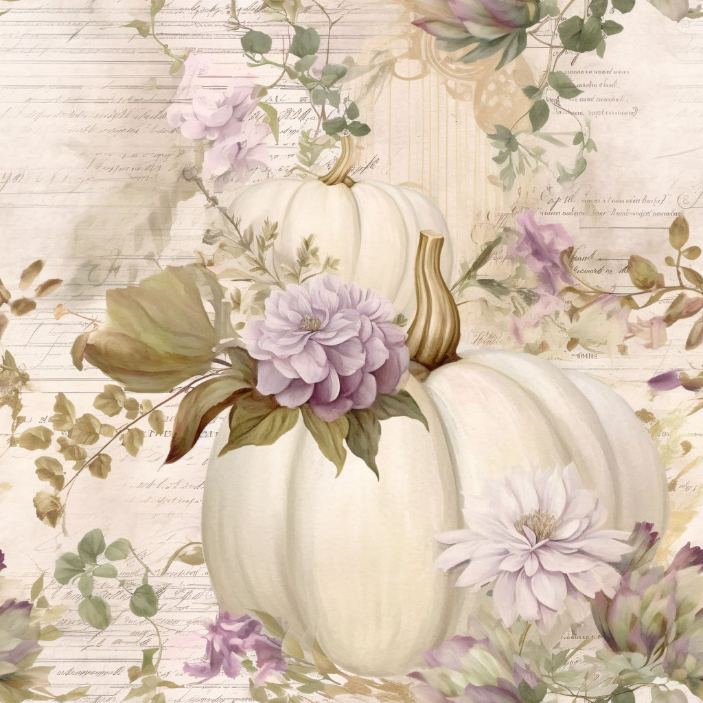 white pumpkins, lavender flowers, sage green leaves, cream background, vintage script, autumn pattern, fall harvest, botanical design,, fabric panel, watercolor style, soft pastels, seasonal motif, pumpkin patch, floral elements, muted tones, romantic style, cottage core, harvest theme