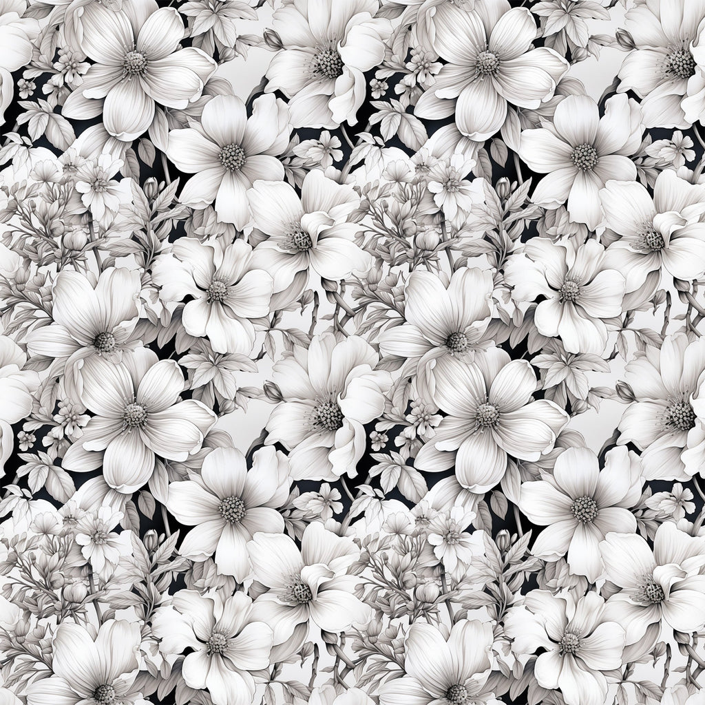 white flowers, floral pattern, botanical design, monochrome, grayscale, black background, dogwood blossoms, repeating motif,, fabric panel, vintage style, elegant florals, nature inspired, seamless pattern, detailed petals, flower centers, leafy accents, textile design, crafting material, sewing fabric