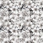 white flowers, floral pattern, botanical design, monochrome, grayscale, black background, dogwood blossoms, repeating motif,, fabric panel, vintage style, elegant florals, nature inspired, seamless pattern, detailed petals, flower centers, leafy accents, textile design, crafting material, sewing fabric