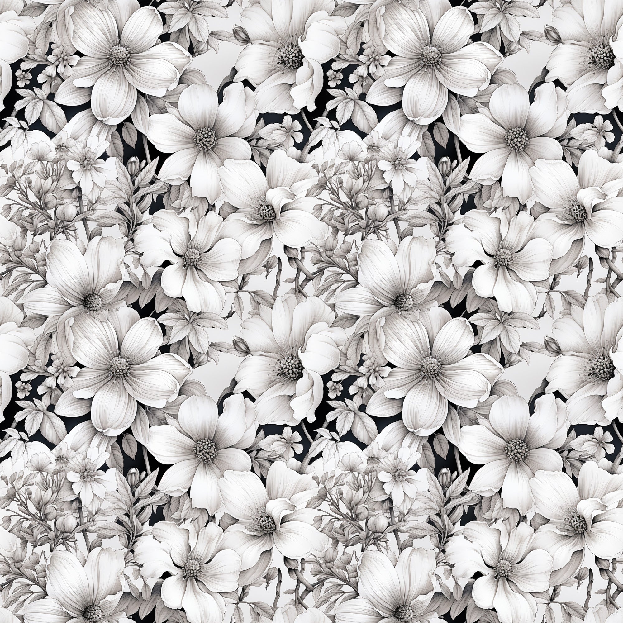 white flowers, floral pattern, botanical design, monochrome, grayscale, black background, dogwood blossoms, repeating motif,, fabric panel, vintage style, elegant florals, nature inspired, seamless pattern, detailed petals, flower centers, leafy accents, textile design, crafting material, sewing fabric