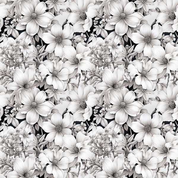 white flowers, floral pattern, botanical design, monochrome, grayscale, black background, dogwood blossoms, repeating motif,, fabric panel, vintage style, elegant florals, nature inspired, seamless pattern, detailed petals, flower centers, leafy accents, textile design, crafting material, sewing fabric