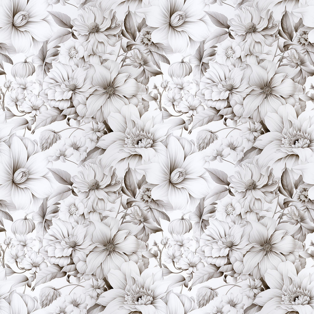white flowers, cream, beige, taupe, monochromatic, floral pattern, botanical design, seamless repeat, elegant blooms, petals, leaves, vintage style, romantic mood,, fabric panel, soft tones, delicate florals, nature motif, timeless design, sophisticated pattern