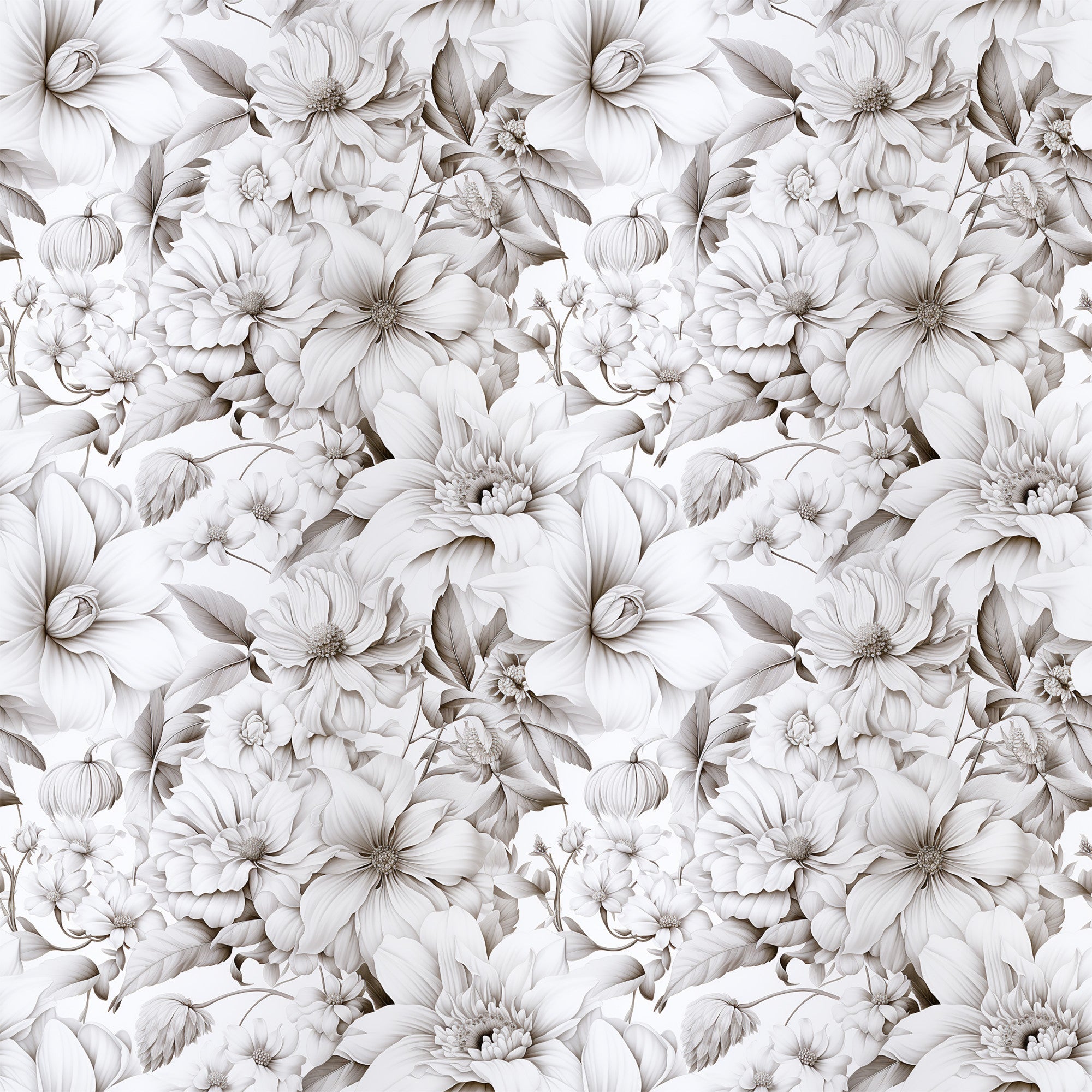 white flowers, cream, beige, taupe, monochromatic, floral pattern, botanical design, seamless repeat, elegant blooms, petals, leaves, vintage style, romantic mood,, fabric panel, soft tones, delicate florals, nature motif, timeless design, sophisticated pattern