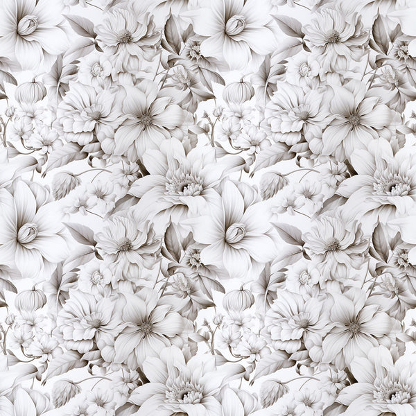 white flowers, cream, beige, taupe, monochromatic, floral pattern, botanical design, seamless repeat, elegant blooms, petals, leaves, vintage style, romantic mood,, fabric panel, soft tones, delicate florals, nature motif, timeless design, sophisticated pattern