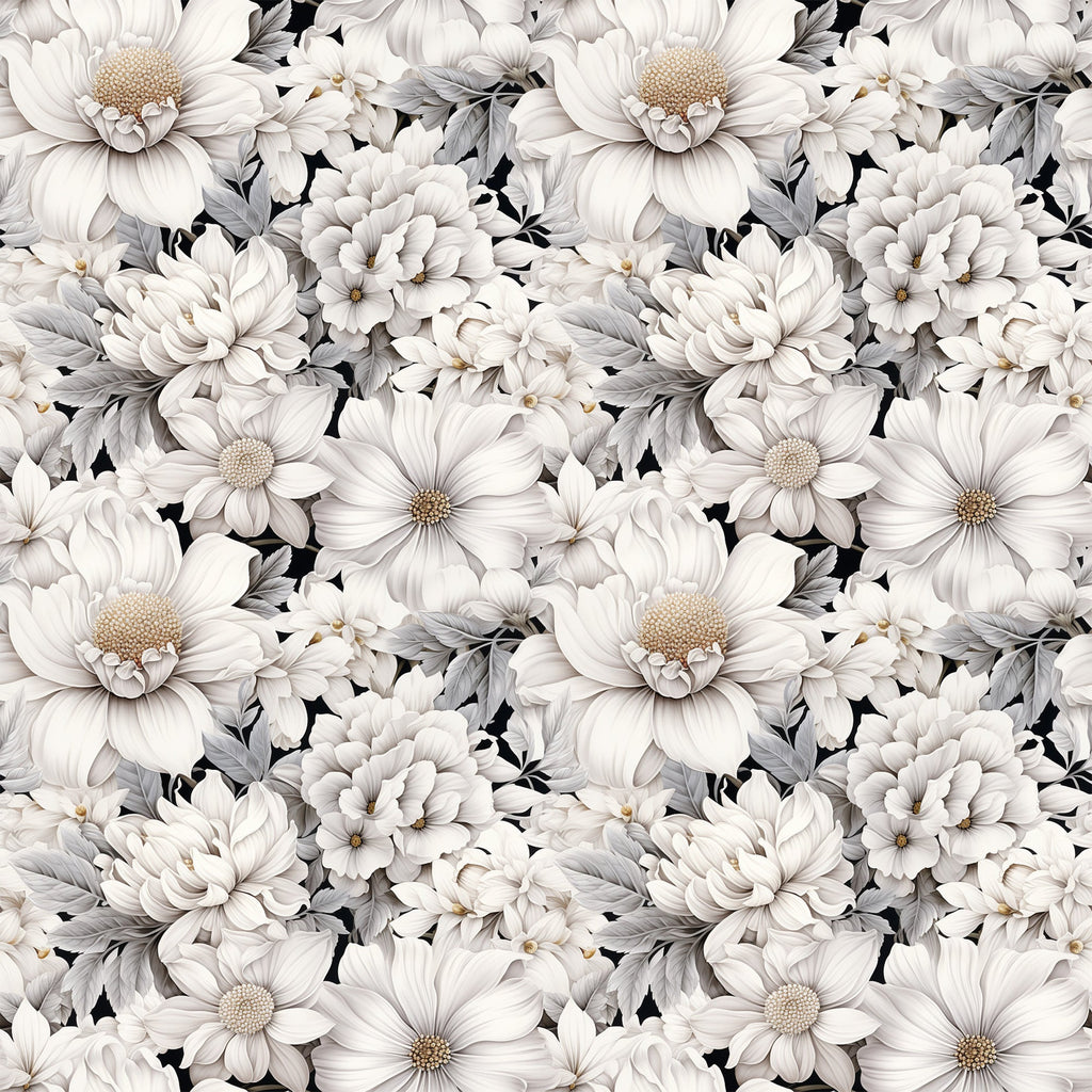 white flowers, cream petals, beige tones, gray leaves, floral pattern, botanical design, daisy blooms, chrysanthemum flowers, repeating motif, seamless pattern,, fabric panel, delicate florals, vintage style, romantic mood, soft palette, garden flowers, textile design, crafting fabric, monochromatic florals