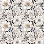 white flowers, cream petals, beige tones, gray leaves, floral pattern, botanical design, daisy blooms, chrysanthemum flowers, repeating motif, seamless pattern,, fabric panel, delicate florals, vintage style, romantic mood, soft palette, garden flowers, textile design, crafting fabric, monochromatic florals