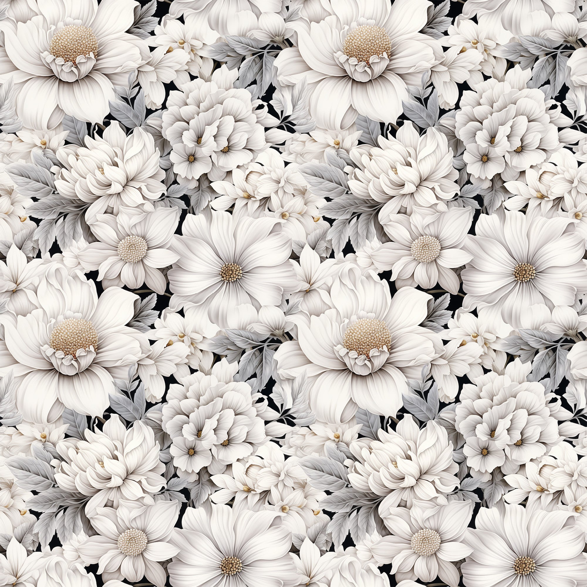 white flowers, cream petals, beige tones, gray leaves, floral pattern, botanical design, daisy blooms, chrysanthemum flowers, repeating motif, seamless pattern,, fabric panel, delicate florals, vintage style, romantic mood, soft palette, garden flowers, textile design, crafting fabric, monochromatic florals