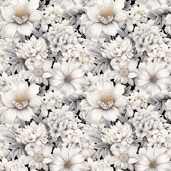 white flowers, cream petals, beige tones, gray leaves, floral pattern, botanical design, daisy blooms, chrysanthemum flowers, repeating motif, seamless pattern,, fabric panel, delicate florals, vintage style, romantic mood, soft palette, garden flowers, textile design, crafting fabric, monochromatic florals