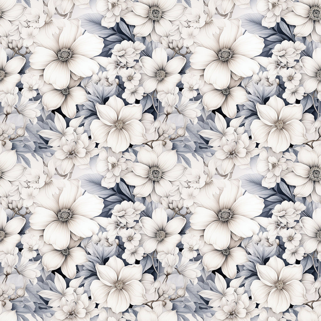 white flowers, cream petals, gray leaves, blue-gray foliage, floral pattern, botanical design, seamless repeat, delicate blooms, monochromatic palette, soft colors,, fabric panel, nature motifs, garden flowers, vintage style, romantic mood, feminine design, spring theme, layered petals, detailed stamens