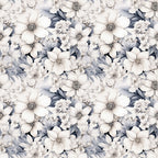 white flowers, cream petals, gray leaves, blue-gray foliage, floral pattern, botanical design, seamless repeat, delicate blooms, monochromatic palette, soft colors,, fabric panel, nature motifs, garden flowers, vintage style, romantic mood, feminine design, spring theme, layered petals, detailed stamens