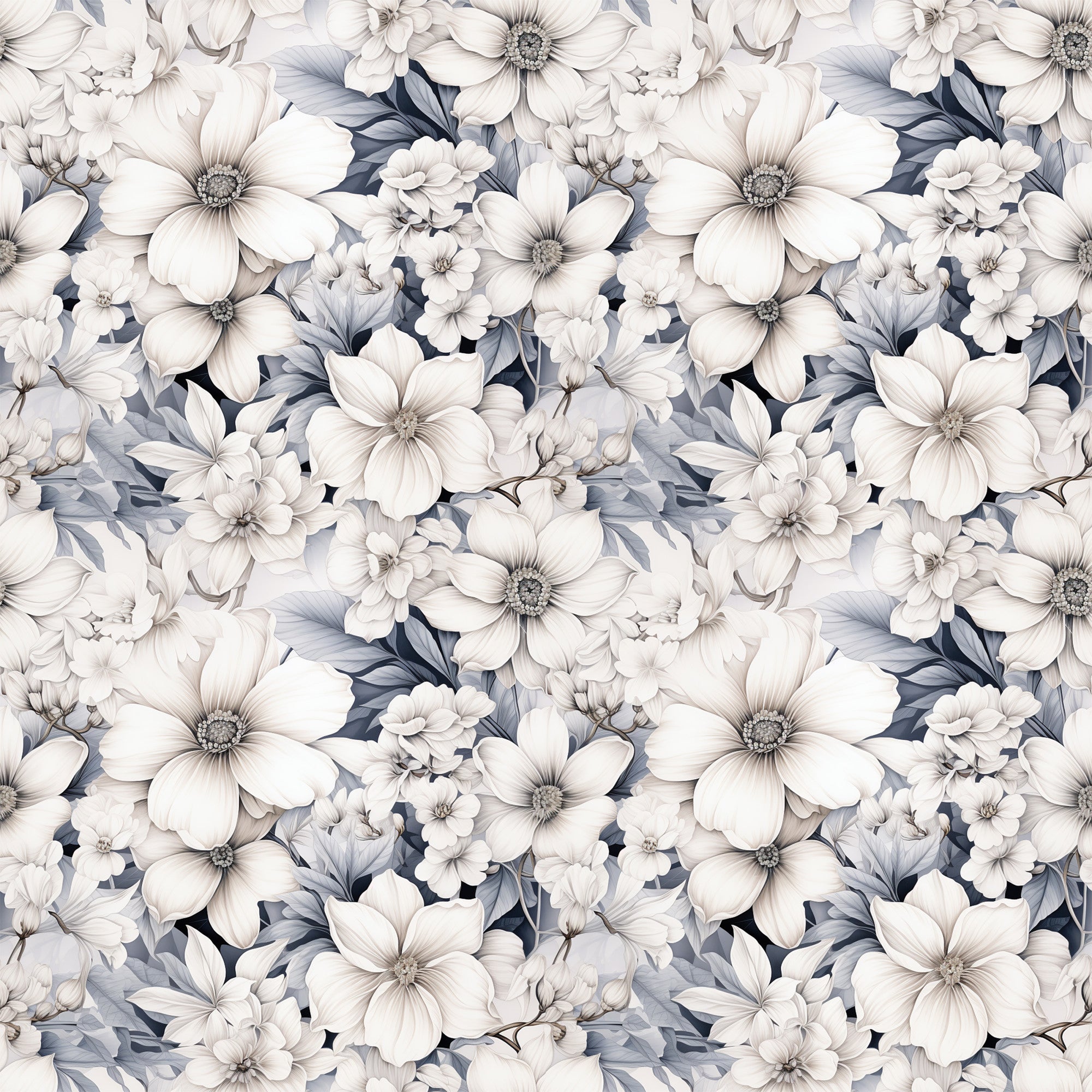 white flowers, cream petals, gray leaves, blue-gray foliage, floral pattern, botanical design, seamless repeat, delicate blooms, monochromatic palette, soft colors,, fabric panel, nature motifs, garden flowers, vintage style, romantic mood, feminine design, spring theme, layered petals, detailed stamens