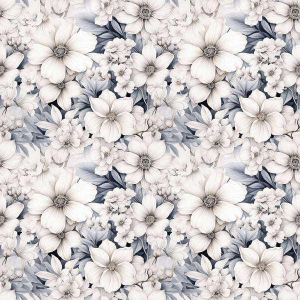 white flowers, cream petals, gray leaves, blue-gray foliage, floral pattern, botanical design, seamless repeat, delicate blooms, monochromatic palette, soft colors,, fabric panel, nature motifs, garden flowers, vintage style, romantic mood, feminine design, spring theme, layered petals, detailed stamens