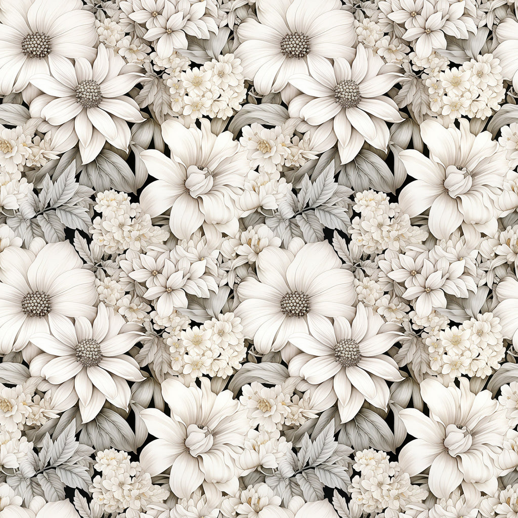 white flowers, cream petals, beige tones, taupe shading, floral pattern, botanical design, daisy blooms, chrysanthemum flowers, layered petals, dense floral, seamless repeat, monochromatic palette,, fabric panel, soft florals, neutral colors, vintage style, delicate blooms, clustered flowers