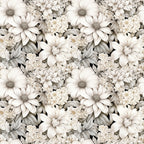 white flowers, cream petals, beige tones, taupe shading, floral pattern, botanical design, daisy blooms, chrysanthemum flowers, layered petals, dense floral, seamless repeat, monochromatic palette,, fabric panel, soft florals, neutral colors, vintage style, delicate blooms, clustered flowers