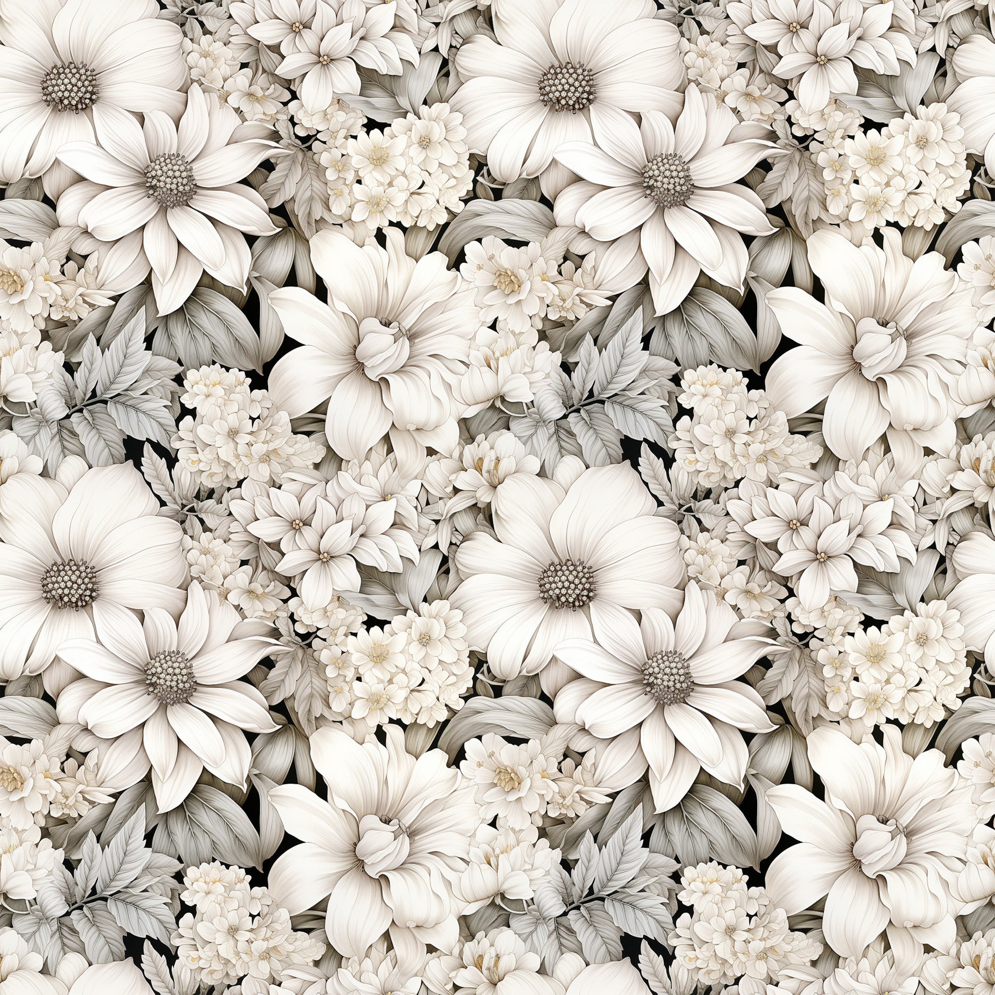 white flowers, cream petals, beige tones, taupe shading, floral pattern, botanical design, daisy blooms, chrysanthemum flowers, layered petals, dense floral, seamless repeat, monochromatic palette,, fabric panel, soft florals, neutral colors, vintage style, delicate blooms, clustered flowers