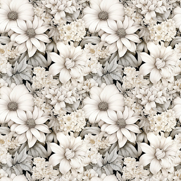 white flowers, cream petals, beige tones, taupe shading, floral pattern, botanical design, daisy blooms, chrysanthemum flowers, layered petals, dense floral, seamless repeat, monochromatic palette,, fabric panel, soft florals, neutral colors, vintage style, delicate blooms, clustered flowers