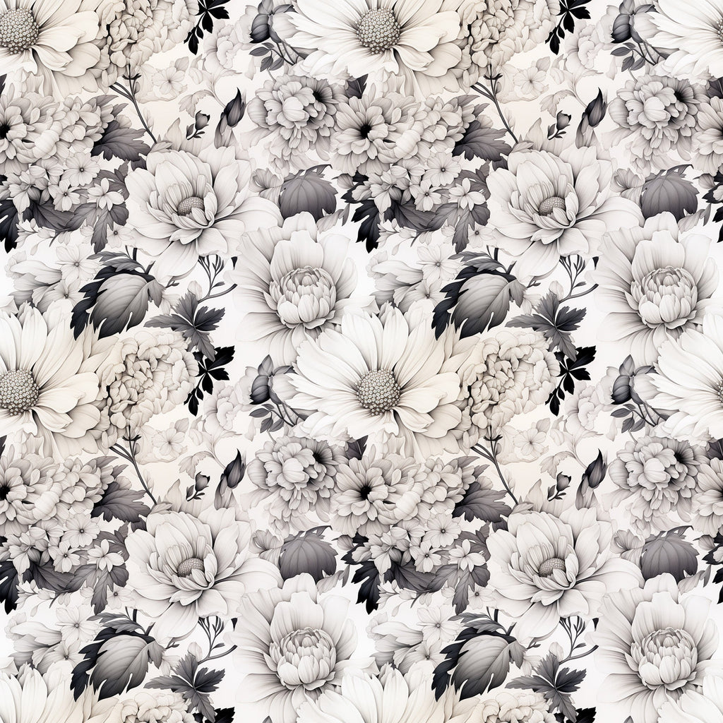 white flowers, gray florals, monochrome botanical, dahlia blooms, chrysanthemum pattern, vintage floral, seamless repeat,, fabric panel, neutral tones, botanical illustration, layered petals, detailed leaves, romantic florals, grayscale design, floral motifs, textile pattern, cotton fabric, nature inspired, delicate blooms