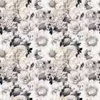 white flowers, gray florals, monochrome botanical, dahlia blooms, chrysanthemum pattern, vintage floral, seamless repeat,, fabric panel, neutral tones, botanical illustration, layered petals, detailed leaves, romantic florals, grayscale design, floral motifs, textile pattern, cotton fabric, nature inspired, delicate blooms